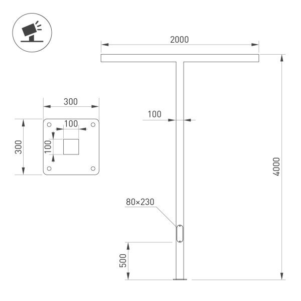 Опора OXOR-STER-T-2000x100x100-L4000-100W Warm3000 (BK, 230V) IP65 (Arlight, Сталь)