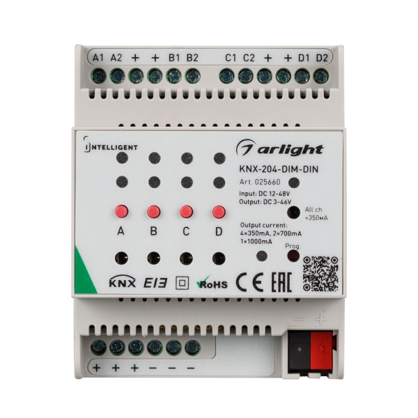 INTELLIGENT ARLIGHT Диммер KNX-204-DIM-DIN (12-48V, 8x0.35/4x0.7/2x1A) (IARL, Пластик) INTELLIGENT ARLIGHT Диммер KNX-204-DIM-DIN (12-48V, 8x0.35/4x0.7/2x1A) (IARL, Пластик)