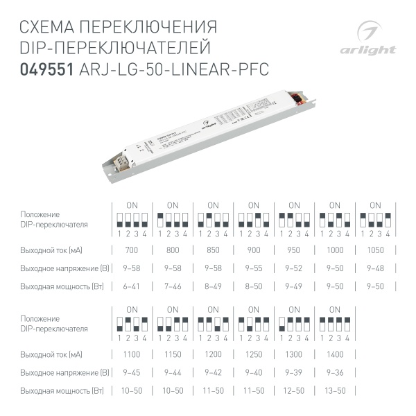 Блок питания ARJ-LG-50-LINEAR-PFC (50W, 9-58V, 0.7-1.4A) (Arlight, IP20 Металл, 5 лет)