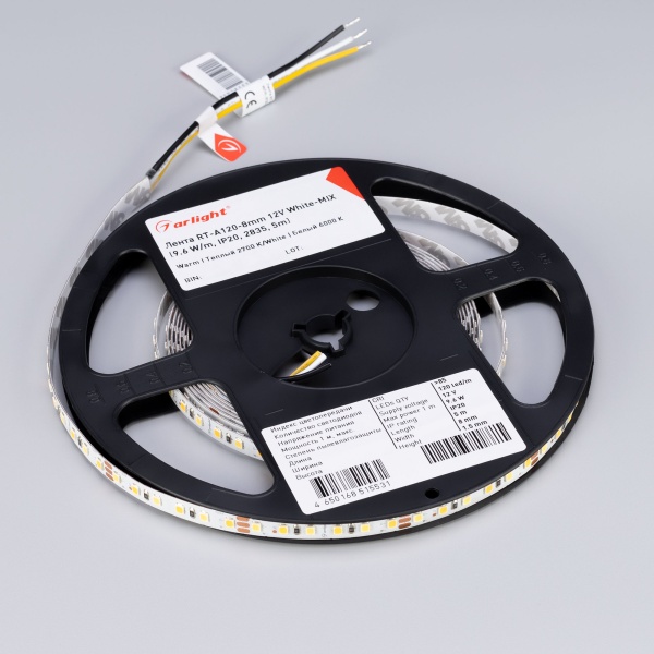 Лента RT-A120-8mm 12V White-MIX (9.6 W/m, IP20, 2835, 5m) (Arlight, Изменяемая ЦТ) Лента RT-A120-8mm 12V White-MIX (9.6 W/m, IP20, 2835, 5m) (Arlight, Изменяемая ЦТ)