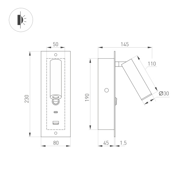 Светильник SP-BED-CHARGE-BUILT-S80x230-3W Warm3000 (BK, 20 deg, 230V, USB-A, USB-C) (Arlight, IP20 Металл, 3 года)