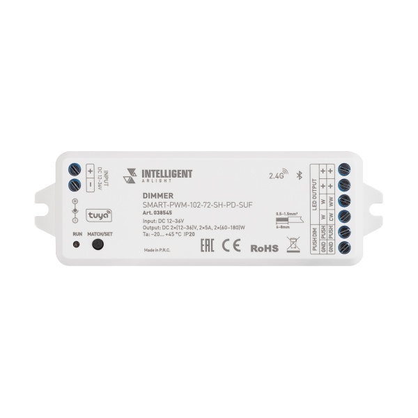 INTELLIGENT ARLIGHT Диммер SMART-PWM-102-72-SH-PD-SUF (12-36V, 2x5A, TUYA BLE, 2.4G) (IARL, IP20 Пластик, 5 лет)