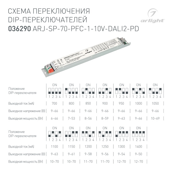 Блок питания ARJ-SP-70-PFC-1-10V-DALI2-PD (70W, 9-66V, 0.7-1.4A) (Arlight, IP20 Металл, 5 лет)