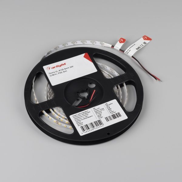 Лента UL-A120-8mm 24V Warm2700 (2 W/m, IP20, 5m) (Arlight, Открытый)