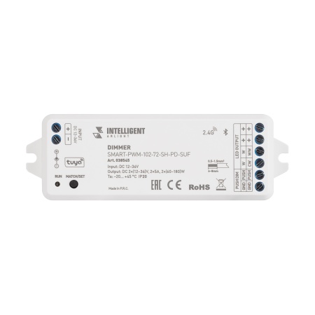 INTELLIGENT ARLIGHT Диммер SMART-PWM-102-72-SH-PD-SUF (12-36V, 2x5A, TUYA BLE, 2.4G) (IARL, IP20 Пластик, 5 лет) INTELLIGENT ARLIGHT Диммер SMART-PWM-102-72-SH-PD-SUF (12-36V, 2x5A, TUYA BLE, 2.4G) (IARL, IP20 Пластик, 5 лет)