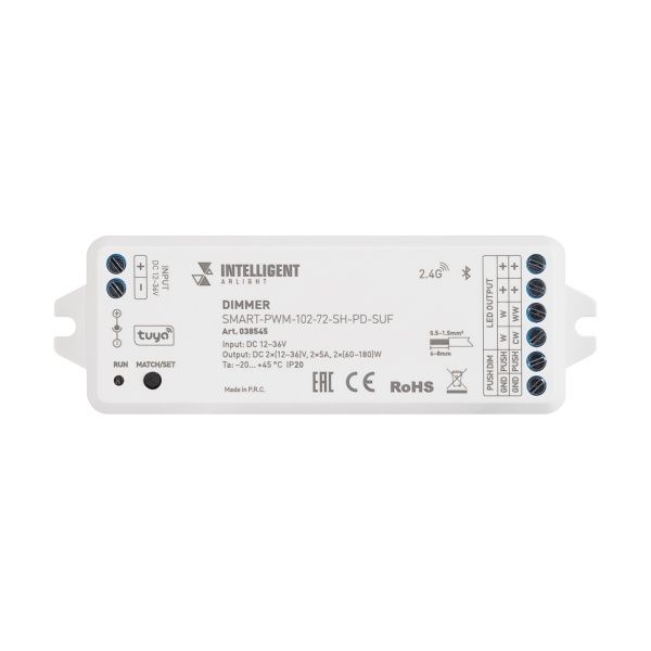 INTELLIGENT ARLIGHT Диммер SMART-PWM-102-72-SH-PD-SUF (12-36V, 2x5A, TUYA BLE, 2.4G) (IARL, IP20 Пластик, 5 лет) INTELLIGENT ARLIGHT Диммер SMART-PWM-102-72-SH-PD-SUF (12-36V, 2x5A, TUYA BLE, 2.4G) (IARL, IP20 Пластик, 5 лет)