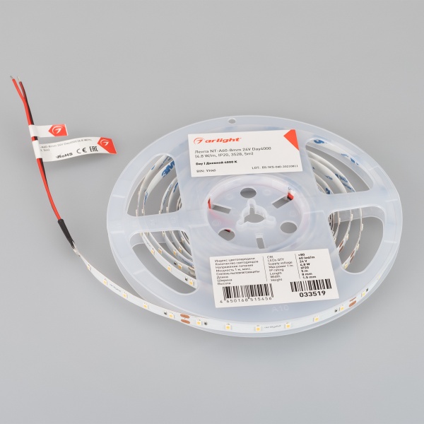 Лента NT-A60-8mm 24V White6000 (4.8 W/m, IP20, 3528, 5m) (Arlight, Открытый)