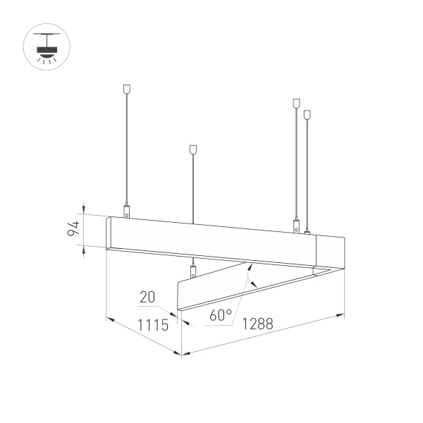 Светильник ALT-LINEAIR-ANGLE-60-FLAT-UPDOWN-DIM-1290x1115-85W Warm3000 (BK, 100 deg, 230V) (Arlight, IP20 Металл, 3 года)